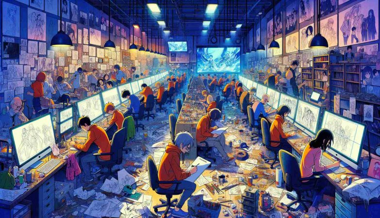 A vibrant and detailed illustration depicting the fallout of 'animation woes' in a highly-anticipated anime. The image conveys a sense of disappointment and disillusionment. It shows a scene inside a bustling animation studio with animators of different races and genders, poring over drawing desks, their faces etched with disappointment. Monitors display half-completed scenes, sketches are strewn about, crumpled papers litter the floor. The surrounding room is filled with concept art, storyboards, and various animation tools. The studio's dimmed lights and the staff's fatigue casts illustrate the strain and prolonged working hours.