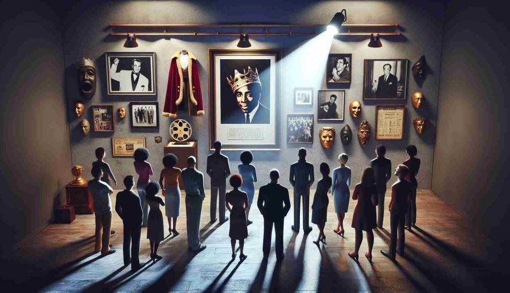 Create a realistic, high-definition (HD) image showcasing the legacy of a beloved, unnamed actor. Picture a theater lobby with various memorabilia: drama masks, a classic film reel, and a playbill from a cherished role. Include a single spotlight illuminating a framed picture, hinting at the actor's iconic role, perhaps a silhouette of a king or a detective. People of varying racial, ethnic, and gender backgrounds are interspersed, all showing expressions of admiration and respect, gazing at the exhibit in remembrance.