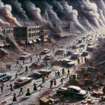 Detailed, high-definition snapshot of an urban environment in pandemonium. People of various genders and descents are seen fleeing in a frenzy. Stores appear ransacked, cars are strewn haphazardly on the streets, and smoke billows from certain regions. Above all this, the sky is undergoing an extraordinary spectacle - phenomena unseen before are unfolding, casting an otherworldly aura over the entire scenario.