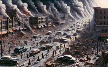 Detailed, high-definition snapshot of an urban environment in pandemonium. People of various genders and descents are seen fleeing in a frenzy. Stores appear ransacked, cars are strewn haphazardly on the streets, and smoke billows from certain regions. Above all this, the sky is undergoing an extraordinary spectacle - phenomena unseen before are unfolding, casting an otherworldly aura over the entire scenario.