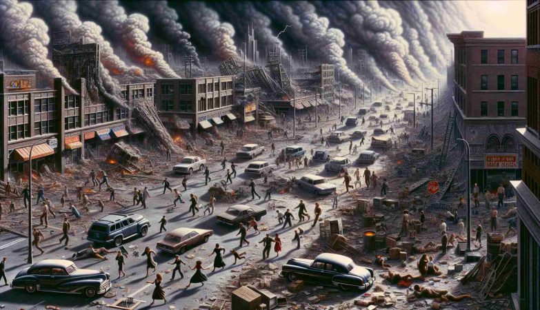 Detailed, high-definition snapshot of an urban environment in pandemonium. People of various genders and descents are seen fleeing in a frenzy. Stores appear ransacked, cars are strewn haphazardly on the streets, and smoke billows from certain regions. Above all this, the sky is undergoing an extraordinary spectacle - phenomena unseen before are unfolding, casting an otherworldly aura over the entire scenario.