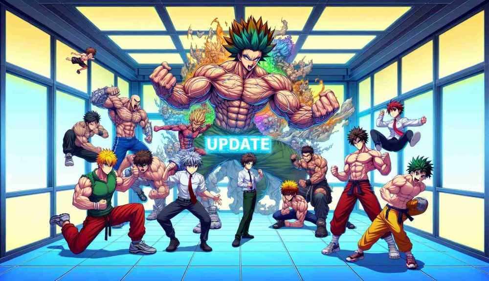 Create an extremely detailed, high-definition image of a typical anime styled scene featuring a group of muscular characters in various fighting poses. The room they're in has a futuristic design with a large screen showing the word 'Update'. Note, the colorful characters should have spikey hair and be dressed in martial arts costumes. Some of them also have supernatural powers emanating from their hands implying they have special abilities.