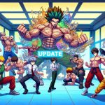 Create an extremely detailed, high-definition image of a typical anime styled scene featuring a group of muscular characters in various fighting poses. The room they're in has a futuristic design with a large screen showing the word 'Update'. Note, the colorful characters should have spikey hair and be dressed in martial arts costumes. Some of them also have supernatural powers emanating from their hands implying they have special abilities.