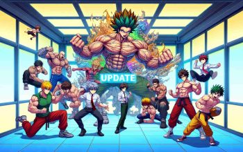 Create an extremely detailed, high-definition image of a typical anime styled scene featuring a group of muscular characters in various fighting poses. The room they're in has a futuristic design with a large screen showing the word 'Update'. Note, the colorful characters should have spikey hair and be dressed in martial arts costumes. Some of them also have supernatural powers emanating from their hands implying they have special abilities.