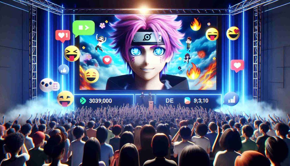 An HD-quality image of an electrifying scene that suggests an anime crossover event. The scene depicts a crowded virtual room filled with enthusiastic fans from around the world, with chat boxes full of colorful emojis and messages expressing excitement. On the screen, a generic anime character with uniquely styled hair and gleaming eyes reveals the first glimpse of the multi-series event. The platform logos for streaming services are subtly displayed in the corners.