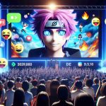 An HD-quality image of an electrifying scene that suggests an anime crossover event. The scene depicts a crowded virtual room filled with enthusiastic fans from around the world, with chat boxes full of colorful emojis and messages expressing excitement. On the screen, a generic anime character with uniquely styled hair and gleaming eyes reveals the first glimpse of the multi-series event. The platform logos for streaming services are subtly displayed in the corners.