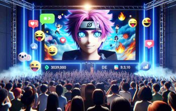 An HD-quality image of an electrifying scene that suggests an anime crossover event. The scene depicts a crowded virtual room filled with enthusiastic fans from around the world, with chat boxes full of colorful emojis and messages expressing excitement. On the screen, a generic anime character with uniquely styled hair and gleaming eyes reveals the first glimpse of the multi-series event. The platform logos for streaming services are subtly displayed in the corners.