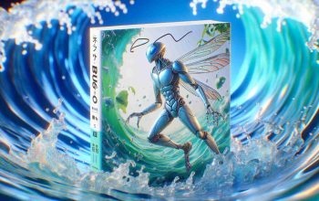 A high-definition, realistic representation of a newly released Manga series, with the title 'Bug Ego Makes a Splash'. The Manga is in English, has crisp and clean lines. The cover art depicts an exciting scene: a humanoid-looking bug, with its wings displayed proudly and a sense of determination in its eyes. The background is filled with abstract wave patterns, representing a metaphorical 'splash'. Splashes of color, mainly blue and green, contrast with the bug’s shimmering, metallic appearance.