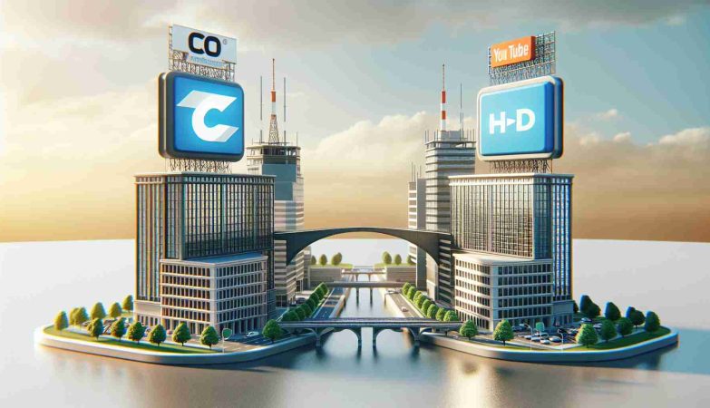 A realistic HD representation of a scene depicting a corporate interest expressed between two corporations. Visible are two generic buildings, one representing a technology company and the other a content creation company, with the two logos on their respective buildings. There is a symbolic bridge connecting them, illustrating the idea of a potential merger or acquisition. Please refrain from using specific corporate logos or names to respect copyright policies.