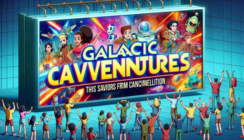 Realistic high-definition image of a titular banner for a popular animated series, 'Galactic Adventures', with visual imagery symbolizing its savior from cancellation. Think vibrant colors, expressive characters, and a bold headline that implies the show's continuation. Additional visual elements should hint at the jubilation of the fanbase, perhaps in the form of fan letters, supportive hashtags, or even depictions of happy fans celebrating the show's revival.