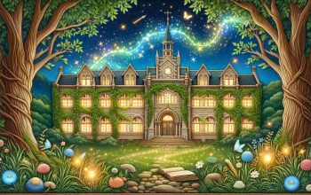 An intricately detailed picture representing a high school in an enchanted setting. The building itself has an antique and charming look which is enhanced by entwined ivy on the walls and magic sparkles emanating from the structure. The surroundings consist of a lush green garden with trees, flowers and shimmering fireflies, all under a sky with twinkling stars. It's a peaceful and enchanting scene that seems straight out of a fairy tale.