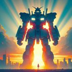 Generate a HD representation of a fresh beginning for a legendary mechanical giant inspired by mecha-genre anime. Envision a majestic sunrise in the background signifying the dawn of a new era. The mechanical giant is towering over a cityscape, silhouetted in the morning light, ready to embark on new adventures.