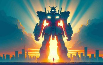 Generate a HD representation of a fresh beginning for a legendary mechanical giant inspired by mecha-genre anime. Envision a majestic sunrise in the background signifying the dawn of a new era. The mechanical giant is towering over a cityscape, silhouetted in the morning light, ready to embark on new adventures.