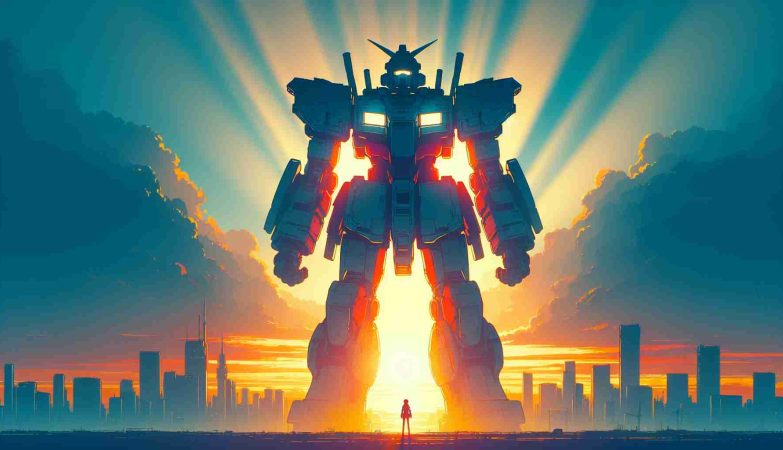 Generate a HD representation of a fresh beginning for a legendary mechanical giant inspired by mecha-genre anime. Envision a majestic sunrise in the background signifying the dawn of a new era. The mechanical giant is towering over a cityscape, silhouetted in the morning light, ready to embark on new adventures.