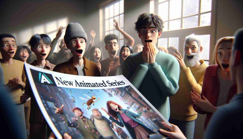 A realistic high-definition image that conveys the surprise and anticipation of a new animated series announcement, following the cancellation of a popular youth-oriented animated sitcom by a major online streaming service. The scene should depict animation enthusiasts reacting for the first time to promotional material for the new show, displaying a mixture of excitement and curiosity.