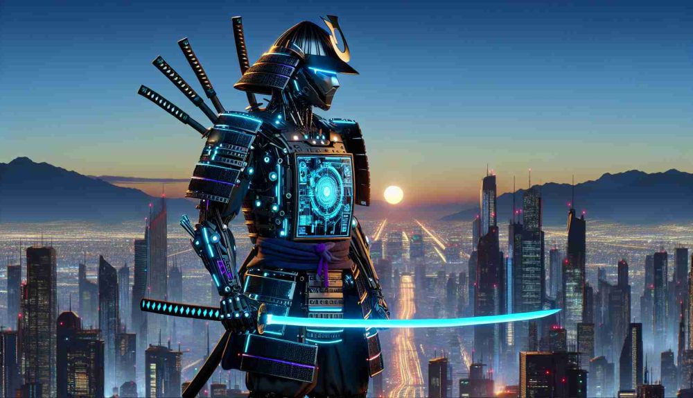 A high-definition realistic image featuring a scene that represents the rise of cybernetic samurai. There is a futuristic cityscape at backdrop. The samurai is equipped with advanced armour that combines traditional samurai aesthetic with modern cybernetic enhancements - LED trims, metal alloys, in-built screen for data analysis. The samurai holds a holographic katana that glows brightly against the twilight. This is a symbolic illustration, the samurai's rise indicative of the blend of historical tradition and emerging technologies.