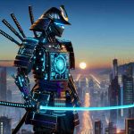 A high-definition realistic image featuring a scene that represents the rise of cybernetic samurai. There is a futuristic cityscape at backdrop. The samurai is equipped with advanced armour that combines traditional samurai aesthetic with modern cybernetic enhancements - LED trims, metal alloys, in-built screen for data analysis. The samurai holds a holographic katana that glows brightly against the twilight. This is a symbolic illustration, the samurai's rise indicative of the blend of historical tradition and emerging technologies.