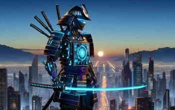 A high-definition realistic image featuring a scene that represents the rise of cybernetic samurai. There is a futuristic cityscape at backdrop. The samurai is equipped with advanced armour that combines traditional samurai aesthetic with modern cybernetic enhancements - LED trims, metal alloys, in-built screen for data analysis. The samurai holds a holographic katana that glows brightly against the twilight. This is a symbolic illustration, the samurai's rise indicative of the blend of historical tradition and emerging technologies.