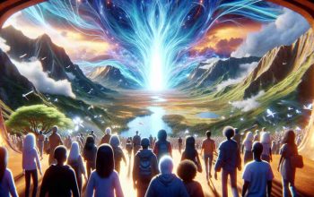 A highly detailed and realistic representation of an imaginary journey into a new world, as might be depicted in top-rated animation from Fall 2024. Visualize a mystical portal opening up, vibrant with pulsating energy. People of varying ages and from different ethnic backgrounds, such as Caucasian, Hispanic, Black, Middle Eastern, and South Asian, eagerly stepping towards it. Show landscapes of this new world, filled with unexplored terrains and breathtaking views: lofty mountains, dense forests, serene lakes. This high-definition image captures the wonder, excitement, and promise of exploration and discovery, as often characteristic of acclaimed anime shows.