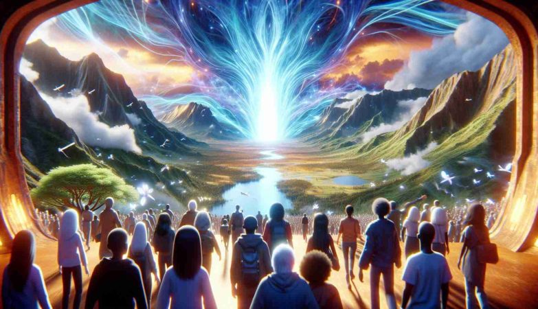 A highly detailed and realistic representation of an imaginary journey into a new world, as might be depicted in top-rated animation from Fall 2024. Visualize a mystical portal opening up, vibrant with pulsating energy. People of varying ages and from different ethnic backgrounds, such as Caucasian, Hispanic, Black, Middle Eastern, and South Asian, eagerly stepping towards it. Show landscapes of this new world, filled with unexplored terrains and breathtaking views: lofty mountains, dense forests, serene lakes. This high-definition image captures the wonder, excitement, and promise of exploration and discovery, as often characteristic of acclaimed anime shows.