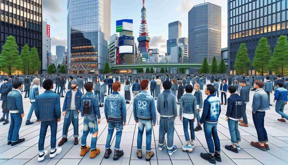 Render a high definition, realistic scene where individuals with denim fashion ensembles have taken over Tokyo. Picture various street styles with people wearing all manner of unique and innovative applications of denim. Set the scene amidst the skyscrapers and iconic architecture of Tokyo, capturing the modern-yet-traditional vibrancy of the city. Include people of all genders and descents - from Caucasian, Hispanic, Black, Middle-Eastern to South Asian and White, to ensure an inclusive representation. This scene presents a playful twist on reality, intertwining everyday life with an unexpected fashion revolt.