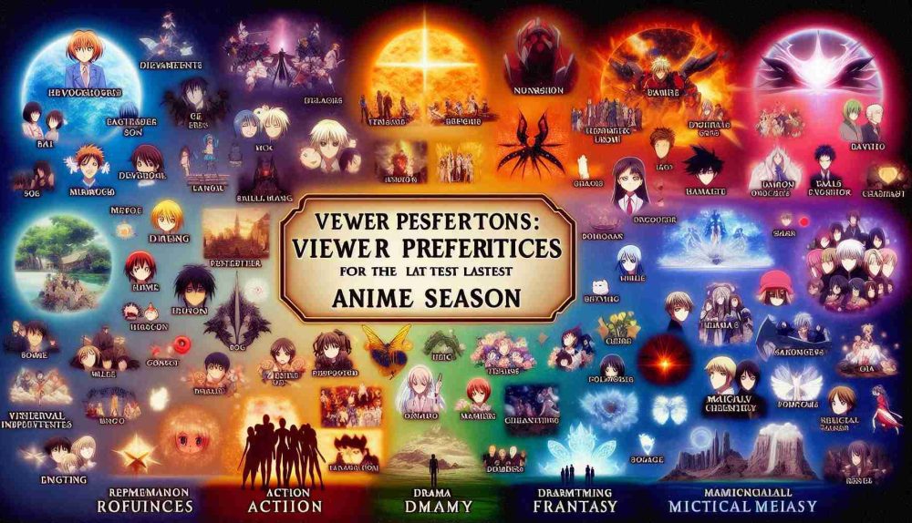 An image showcasing viewer preferences for the latest anime season. The illustration should represent numerous elements from popular genres such as action, romance, drama, and fantasy. The design must include objects indicating different tastes in anime such as epic battles, heartwarming moments, dramatic climaxes, and mystical realms. Additionally, it should symbolically represent the demographic variety of anime fans. Lastly, the image should be made in a high-definition realistic style. Remember that this image should not depict any specific copyrighted characters or shows.