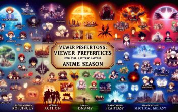 An image showcasing viewer preferences for the latest anime season. The illustration should represent numerous elements from popular genres such as action, romance, drama, and fantasy. The design must include objects indicating different tastes in anime such as epic battles, heartwarming moments, dramatic climaxes, and mystical realms. Additionally, it should symbolically represent the demographic variety of anime fans. Lastly, the image should be made in a high-definition realistic style. Remember that this image should not depict any specific copyrighted characters or shows.