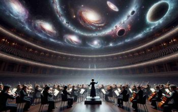 Realistic high definition image of a unique symphony experience entitled 'Journey to the Stars'. Imagine a beautiful concert hall, filled with an ensemble of skilled musicians all dressed in formal black attire. They are in the midst of their performance, their bodies moving in perfect harmony with the rhythm of the music. The conductor, a Caucasian woman, is in full control, her baton creating an invisible thread that weaves together the musical contributions of the various instrumentalists. To elevate this scene towards the theme, project images of galaxies, nebulas, stars, and other celestial bodies floating ethereally onto the domed ceiling, enhancing the symphonic experience.