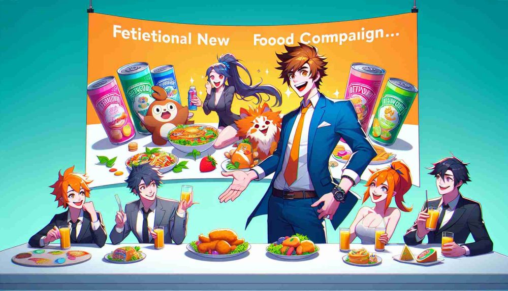 High-definition image of a fictional food company unveiling a playful new advertising campaign that showcases characters with exaggerated features and bold colors, typical to anime style. The characters should be engaging in a variety of activities highlighting the product in a fun and inviting manner. Remember, the characters must not represent any specific known characters from any Anime shows.