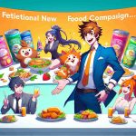 High-definition image of a fictional food company unveiling a playful new advertising campaign that showcases characters with exaggerated features and bold colors, typical to anime style. The characters should be engaging in a variety of activities highlighting the product in a fun and inviting manner. Remember, the characters must not represent any specific known characters from any Anime shows.