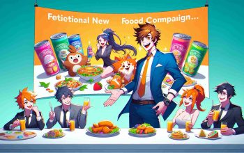 High-definition image of a fictional food company unveiling a playful new advertising campaign that showcases characters with exaggerated features and bold colors, typical to anime style. The characters should be engaging in a variety of activities highlighting the product in a fun and inviting manner. Remember, the characters must not represent any specific known characters from any Anime shows.