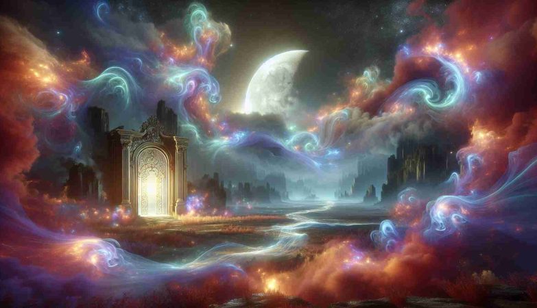 Realistic and high-definition image rendering of an exciting, mystical scene titled 'Intertwined Destinies'. In the image, a grand, moonlit landscape reveals an enticing gateway enveloped in enchanting, swirling mists of color. The ambiance is brimming with magical energy. The beautiful concoction of mystery and magic might hint at a world beyond human comprehension, filled with extraordinary beings and supernatural phenomena.