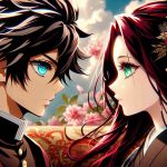 High definition image of a conceptual scene from a new anime adaptation that poignantly depicts love transcending language barriers. The image should capture an emotionally rich moment between two main characters - a young male with jet-black, spiky hair and mesmerizing azure eyes, and a young female with cascading crimson hair and emerald green eyes. They belong to different backgrounds and cultures, hence representing a language barrier. Their facial expressions should indicate mutual understanding and deep affection, despite their language differences, against a beautifully detailed background typical of Japanese anime.