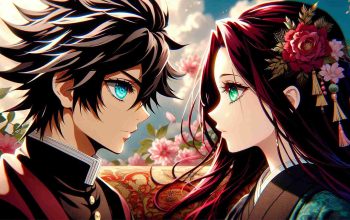 High definition image of a conceptual scene from a new anime adaptation that poignantly depicts love transcending language barriers. The image should capture an emotionally rich moment between two main characters - a young male with jet-black, spiky hair and mesmerizing azure eyes, and a young female with cascading crimson hair and emerald green eyes. They belong to different backgrounds and cultures, hence representing a language barrier. Their facial expressions should indicate mutual understanding and deep affection, despite their language differences, against a beautifully detailed background typical of Japanese anime.