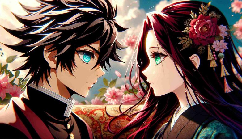 High definition image of a conceptual scene from a new anime adaptation that poignantly depicts love transcending language barriers. The image should capture an emotionally rich moment between two main characters - a young male with jet-black, spiky hair and mesmerizing azure eyes, and a young female with cascading crimson hair and emerald green eyes. They belong to different backgrounds and cultures, hence representing a language barrier. Their facial expressions should indicate mutual understanding and deep affection, despite their language differences, against a beautifully detailed background typical of Japanese anime.