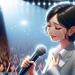 Produce a realistic and high-definition image depicting a renowned voice actress bidding farewell. She is under a spotlight on a stage, microphone in hand, with a crowd visible in the background. The atmosphere is a mix of sadness and celebration, and the star is tearful yet smiling, ready to embark on a new journey beyond her profession.