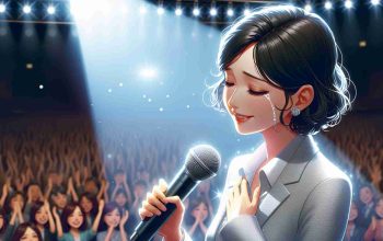 Produce a realistic and high-definition image depicting a renowned voice actress bidding farewell. She is under a spotlight on a stage, microphone in hand, with a crowd visible in the background. The atmosphere is a mix of sadness and celebration, and the star is tearful yet smiling, ready to embark on a new journey beyond her profession.