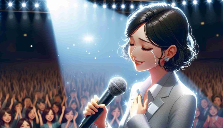 Produce a realistic and high-definition image depicting a renowned voice actress bidding farewell. She is under a spotlight on a stage, microphone in hand, with a crowd visible in the background. The atmosphere is a mix of sadness and celebration, and the star is tearful yet smiling, ready to embark on a new journey beyond her profession.