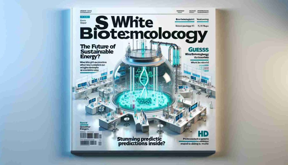 An HD photorealistic illustration of a cover of a magazine or report titled 'Is White Biotechnology the Future of Sustainable Energy?' The cover shows an innovative biotechnology laboratory with experiments in progress, and guesses what the future of sustainable energy might look like. The title is prominently placed in the centre, with a banner or ribbon reading 'Stunning Predictions Inside'. The color palette should be modern and cool, emphasizing the cutting-edge nature of white biotechnology and its potential for sustainability. Add an imagination of what 'white biotechnology' might look like in practice deployed in the field of energy.