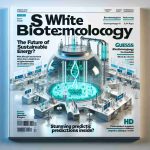 An HD photorealistic illustration of a cover of a magazine or report titled 'Is White Biotechnology the Future of Sustainable Energy?' The cover shows an innovative biotechnology laboratory with experiments in progress, and guesses what the future of sustainable energy might look like. The title is prominently placed in the centre, with a banner or ribbon reading 'Stunning Predictions Inside'. The color palette should be modern and cool, emphasizing the cutting-edge nature of white biotechnology and its potential for sustainability. Add an imagination of what 'white biotechnology' might look like in practice deployed in the field of energy.