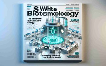 An HD photorealistic illustration of a cover of a magazine or report titled 'Is White Biotechnology the Future of Sustainable Energy?' The cover shows an innovative biotechnology laboratory with experiments in progress, and guesses what the future of sustainable energy might look like. The title is prominently placed in the centre, with a banner or ribbon reading 'Stunning Predictions Inside'. The color palette should be modern and cool, emphasizing the cutting-edge nature of white biotechnology and its potential for sustainability. Add an imagination of what 'white biotechnology' might look like in practice deployed in the field of energy.