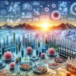 Detailed depiction of a breakthrough in cancer treatment. The image should be symbolic of innovation and horizon of hope. Visually show a multitude of test tubes and petri dishes abuzz with action, some containing microscopic views of cell samples, reactions, and the testing process detail. In the background, let there be a pictorial representation of scientific data, charts, and graphs depicting significant positive results. Make sure to include a tableau of a rising sun over the horizon, conveying a new dawn for cancer treatment. Ensure the image is realistic and high definition.