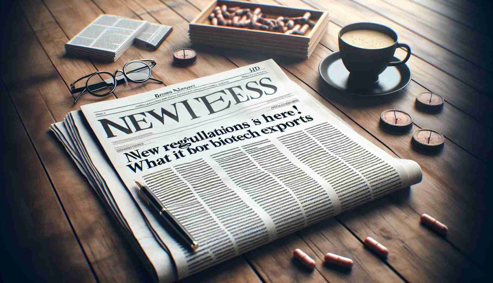 A highly detailed and realistic HD image of a newspaper open to a main headline that reads 'New regulations are here! What it means for biotech exports'. The newspaper lays on a wooden table surrounded by a cup of coffee, a pair of reading glasses, and a pen. The article underneath the title should have blurry lines to imitate texts without giving any specific information. The overall setting should convey a serene morning ambience.