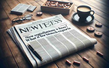 A highly detailed and realistic HD image of a newspaper open to a main headline that reads 'New regulations are here! What it means for biotech exports'. The newspaper lays on a wooden table surrounded by a cup of coffee, a pair of reading glasses, and a pen. The article underneath the title should have blurry lines to imitate texts without giving any specific information. The overall setting should convey a serene morning ambience.