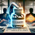 A high resolution, realistic image representing a significant event in the psychiatric field. The concept visualizes a large pharmaceutical company making an assertive strategy change in psychiatry. A metaphorical 'Deal Alert' sign is prominently featured, indicating the momentous impact of this move on the industry.