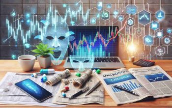 Generate a realistic HD photo displaying the drama that symbolizes the state of Sana Biotechnology stocks. The image should have elements such as stock market charts, trending arrows, financial newspapers, and a computer or phone screen showing stock market fluctuations.