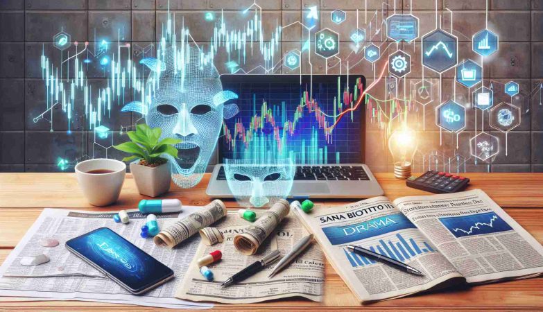 Generate a realistic HD photo displaying the drama that symbolizes the state of Sana Biotechnology stocks. The image should have elements such as stock market charts, trending arrows, financial newspapers, and a computer or phone screen showing stock market fluctuations.