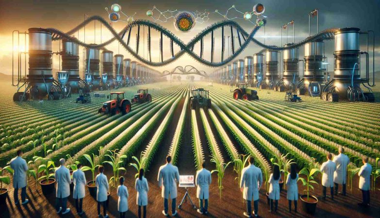 High-definition, realistic image depicting the future concept of farming, showcasing the revolutionary transformation due to booming biotechnology trends. The scene includes a large, futuristic agricultural field: rows of genetically modified crops thrive under advanced, automated farming machinery, overseen by multi-racial male and female scientists in lab coats, observing and recording the progress. Perhaps in the foreground, there could be a DNA helix or bio-engineered seeds to represent genetics. In the background, large bioreactors and a lab could be visible, embodying the advancements in biotech farm management.