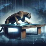 Generate a realistic, high-definition image depicting a metaphorical scene of a puma, symbolizing Puma Biotechnology, attempting to turn an immense table. Render the setting with a corporate background to imply the business world. Include a shadowy area behind to suggest hidden risks. Utilize graphic elements to display the concept of discovery or revelation.