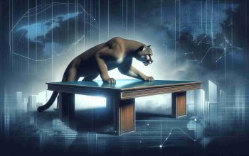 Generate a realistic, high-definition image depicting a metaphorical scene of a puma, symbolizing Puma Biotechnology, attempting to turn an immense table. Render the setting with a corporate background to imply the business world. Include a shadowy area behind to suggest hidden risks. Utilize graphic elements to display the concept of discovery or revelation.